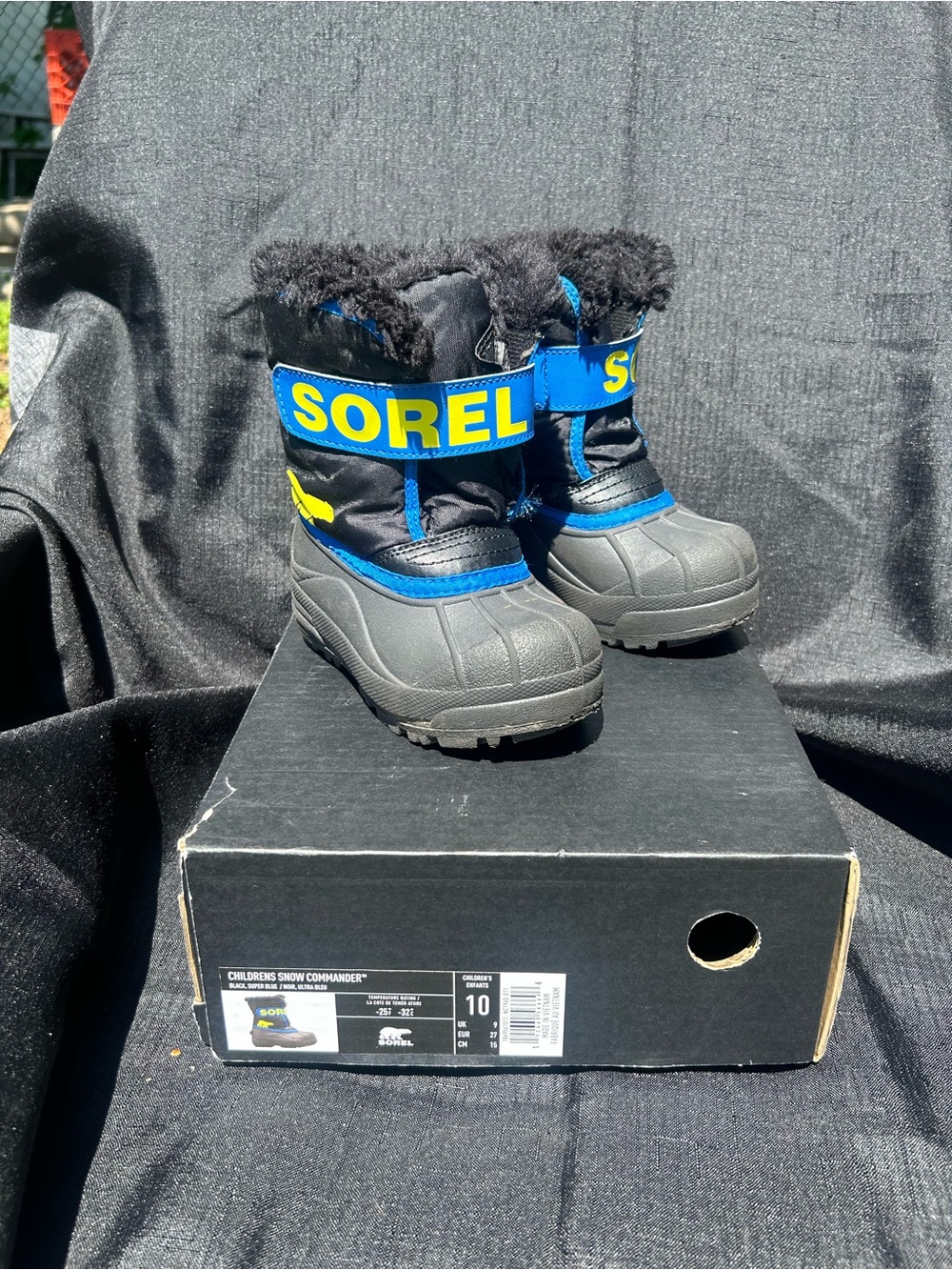Sorel Black and Blue Kids Winter Boots with Yellow Logo